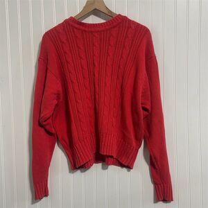 Vtg Lizsport Cable Knit Sweater L Coral Red Cotton Crewneck Preppy Cottagecore